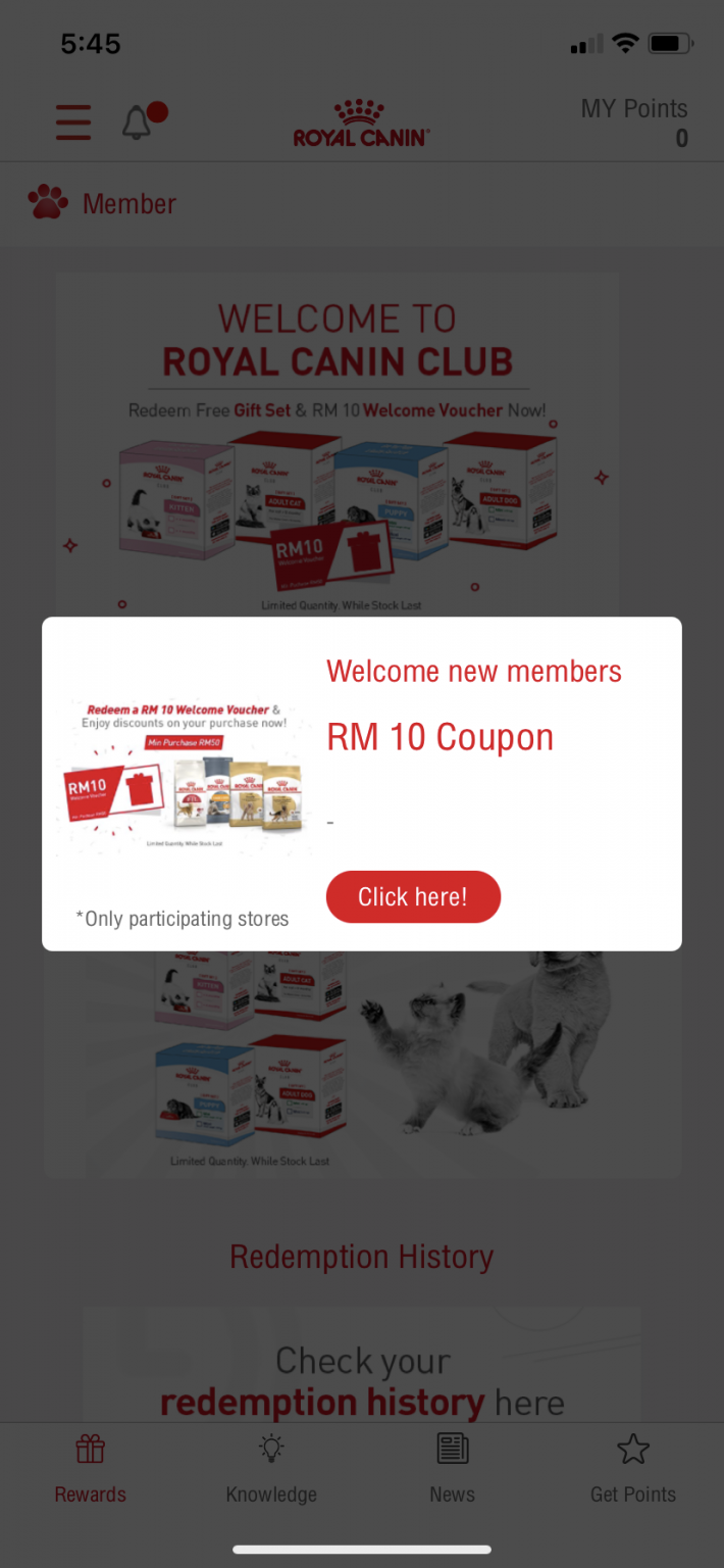 Download the Royal Canin Club app to receive free pet food home