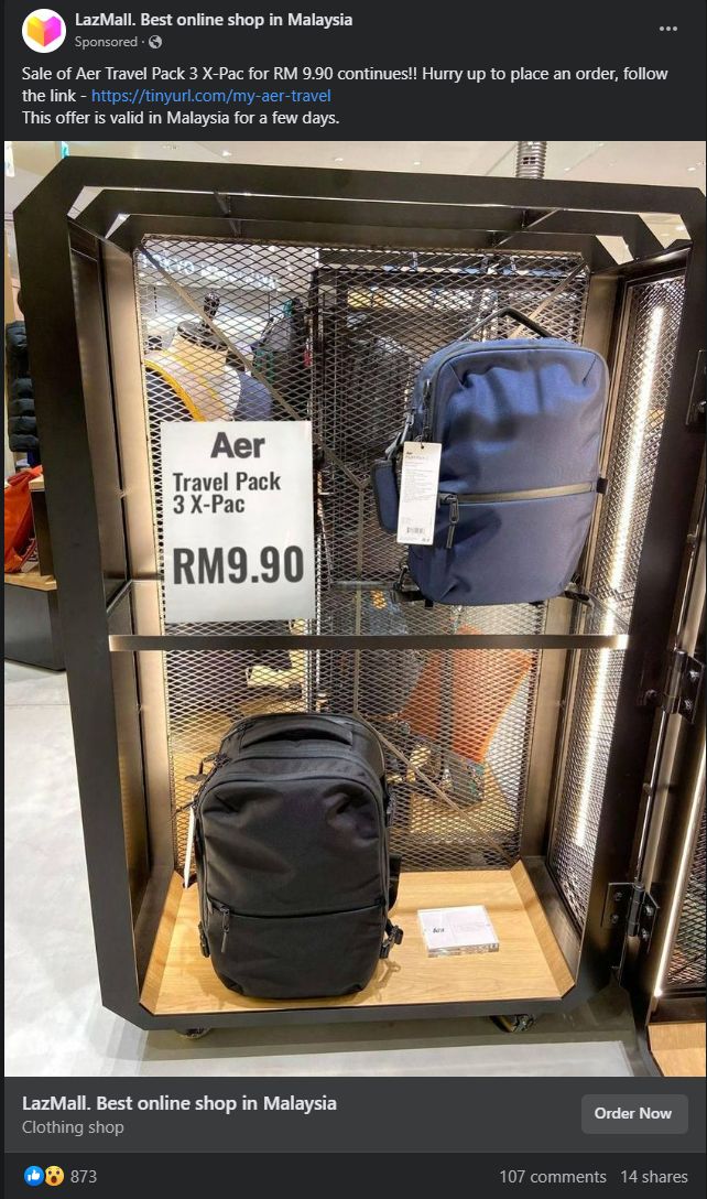 Scam Alert Beware of Facebook scam ads offering RM9 Aer backpacks