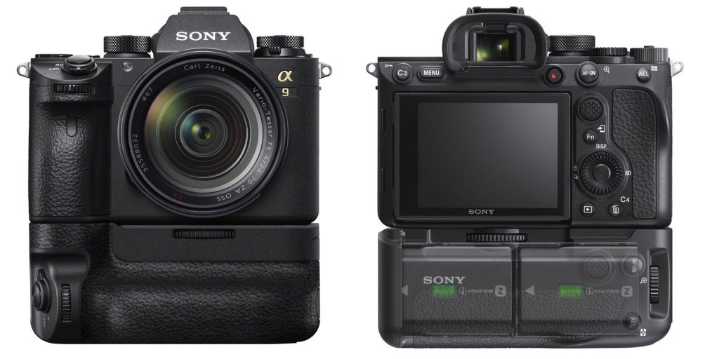 The Sony A9 II with vertical grip installed facing front and back