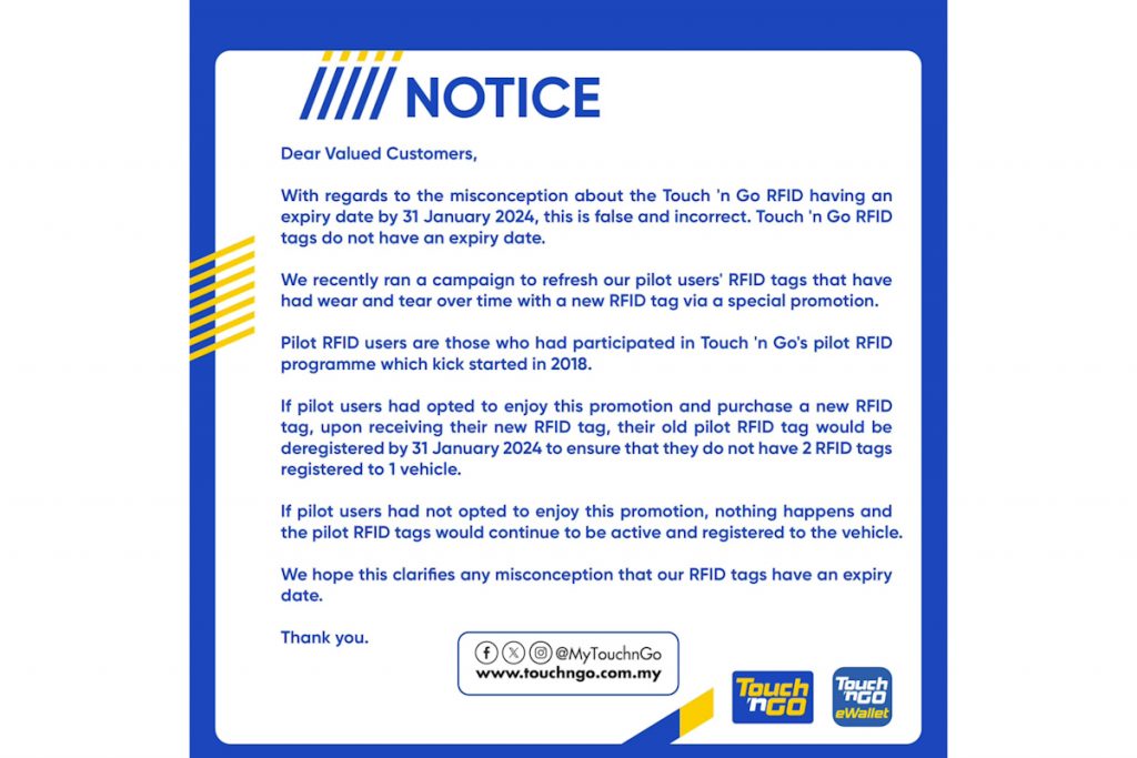 Touch 'n Go's notice on TNG RFID Tag Expiry misconception