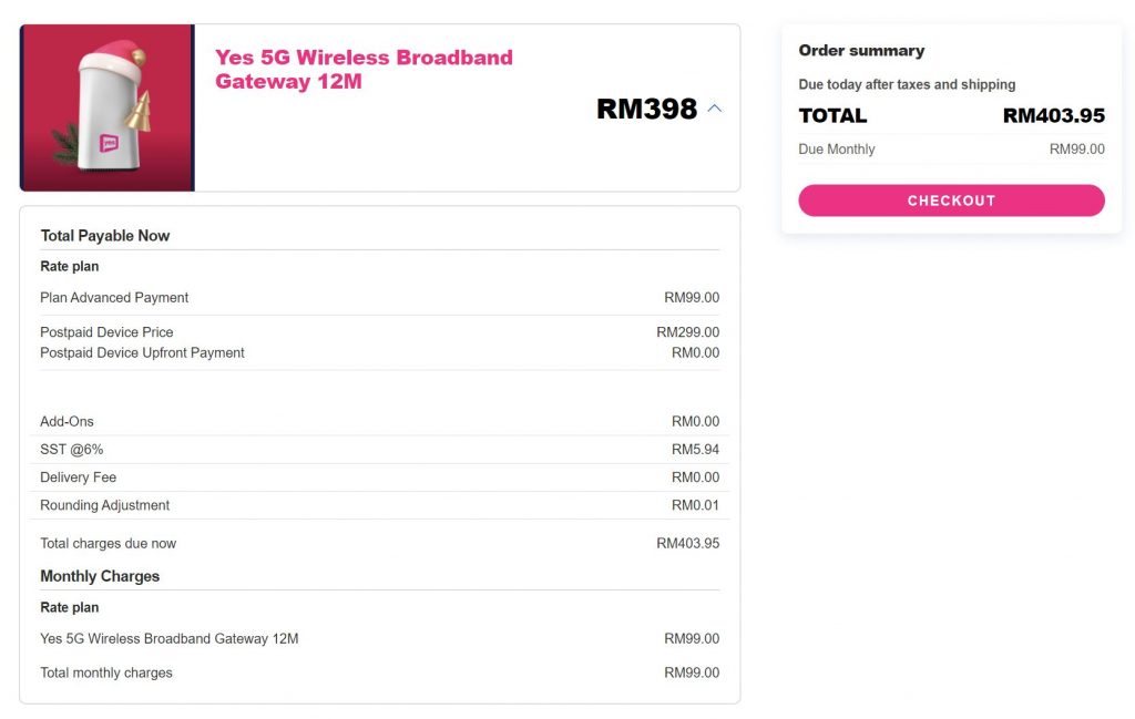 Yes 5G Wireless broadband + Gateway bundle for 12 months require RM299 upfront for the router