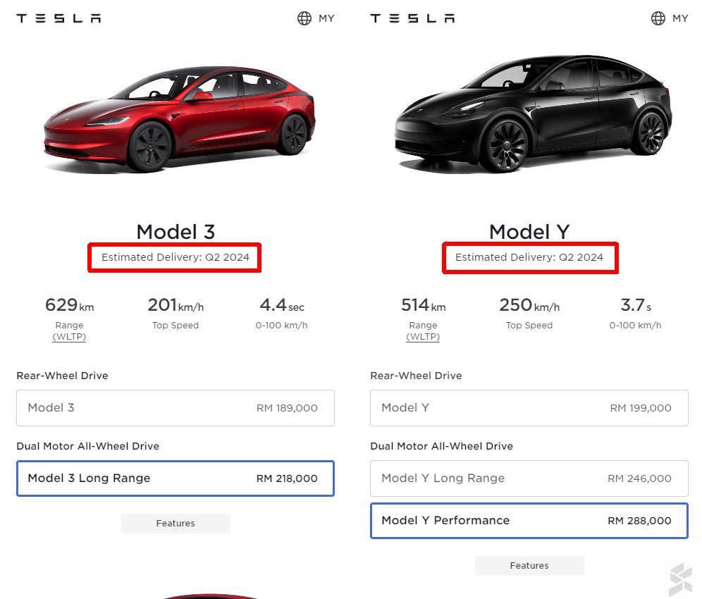 Tesla Model 3 and Model Y now listed with Q2 2024 estimated delivery timeline in Malaysia