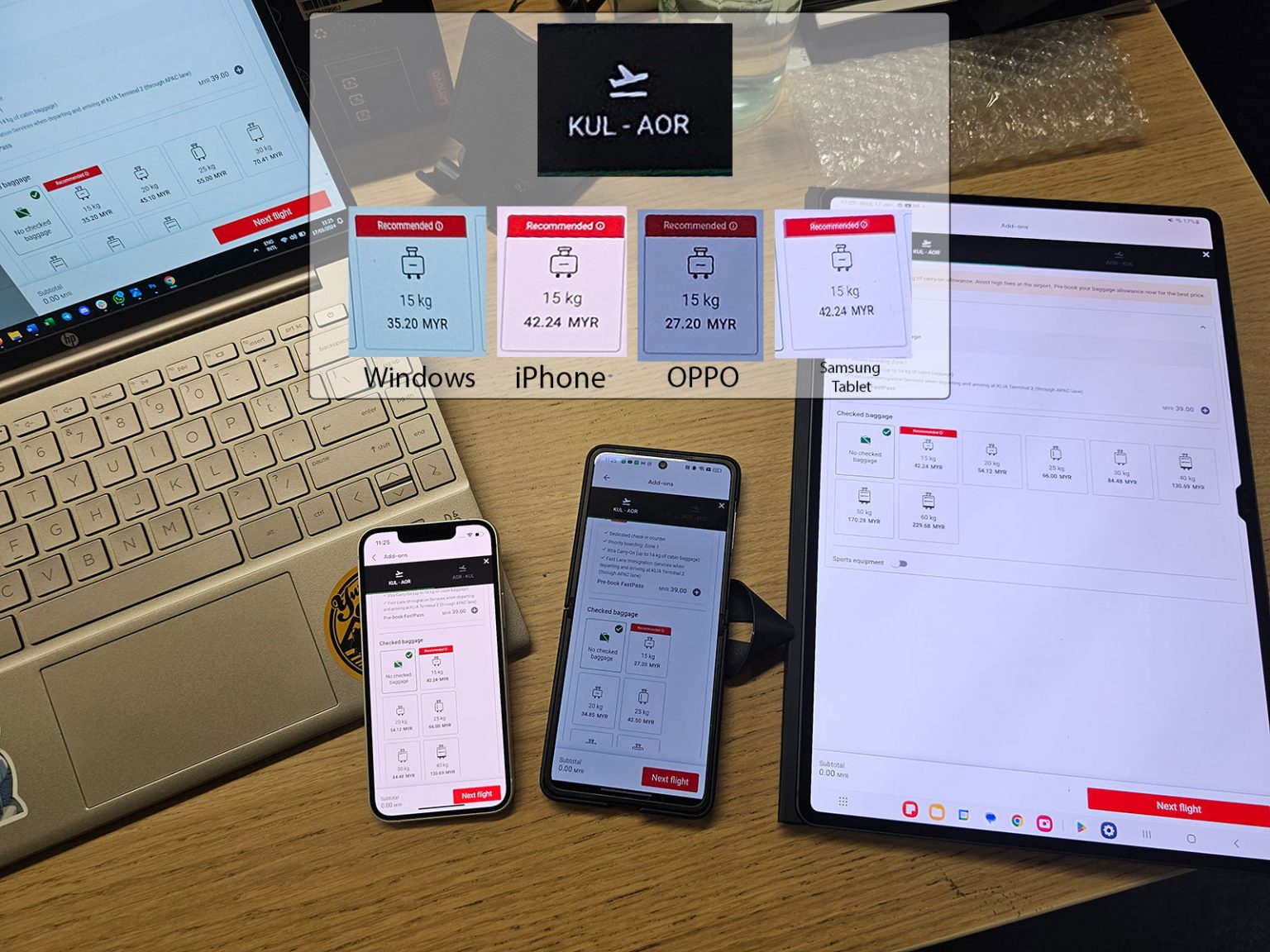 AirAsia's addon baggage fees are fluctuating between devices