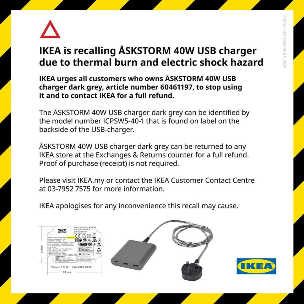 Ikea Malaysia issues recall for ASKSTORM 40W USB charger