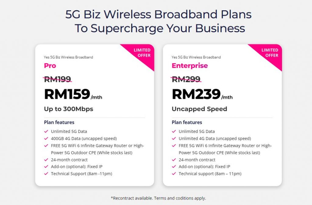 Yes 5G Biz Wireless Broadband Plans start from RM159/month with current promo