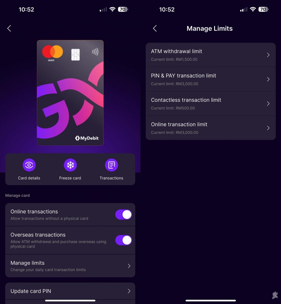 GX Card controls in GXBank app