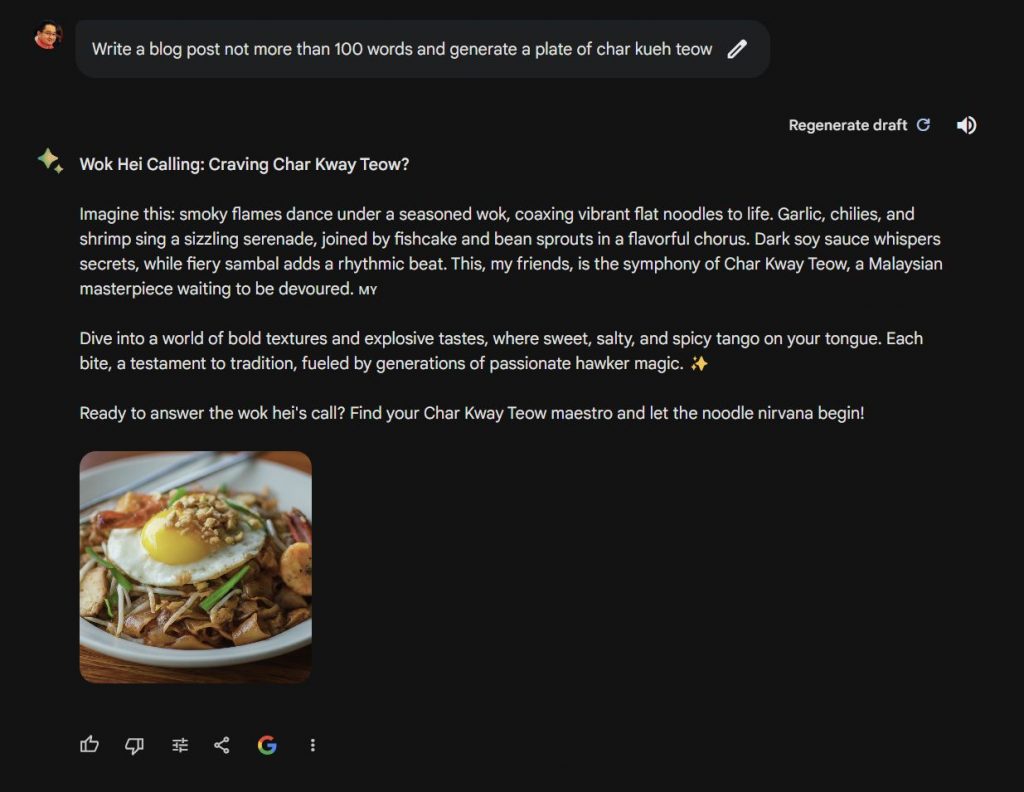 Creating blog post about Char Kway Teow with images via Bard