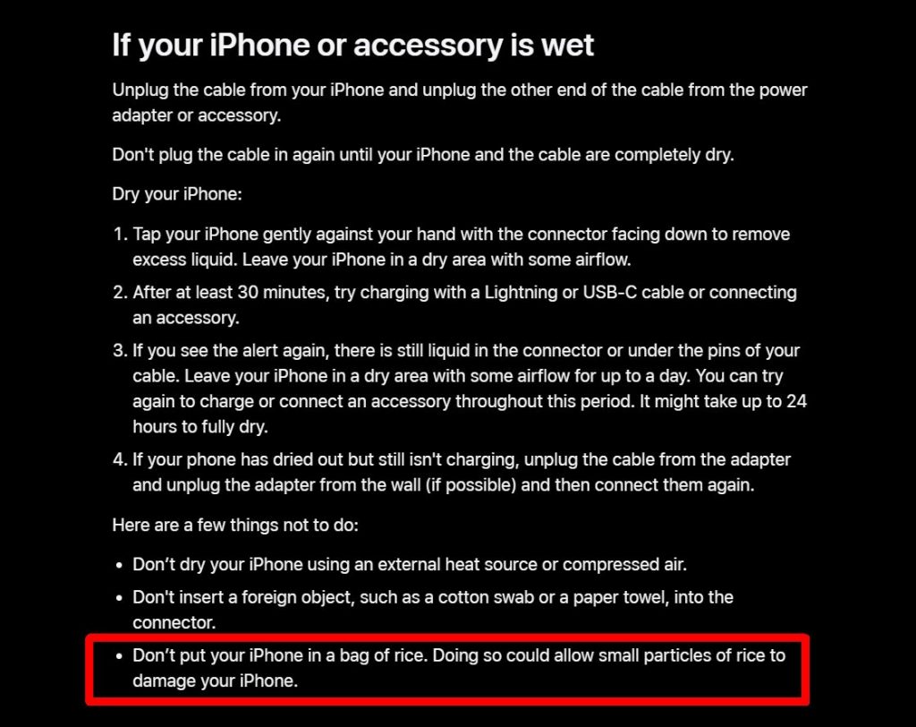 Apple warns users not to put your iPhone in a bag of rice