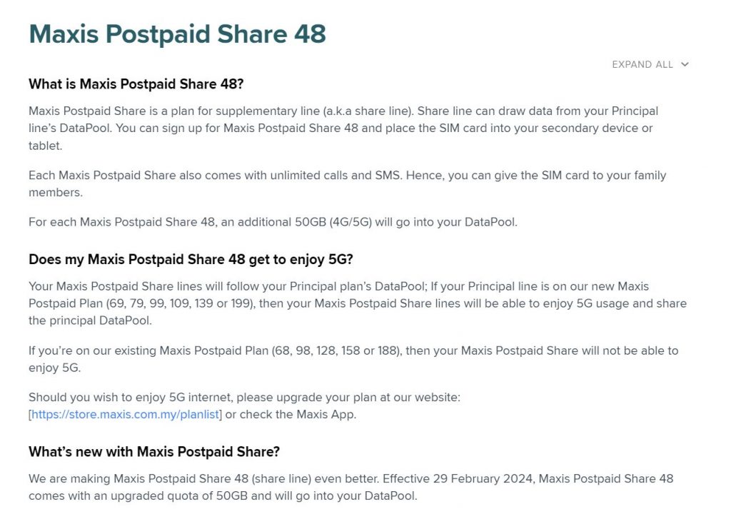 Maxis Postpaid Share 48 upgraded with 50GB data effective 29 Feb 2024.