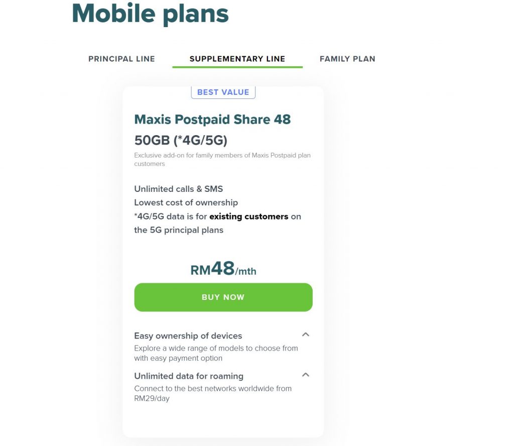 Maxis Postpaid Share 48 offers 50GB data, unlimited calls and SMS.