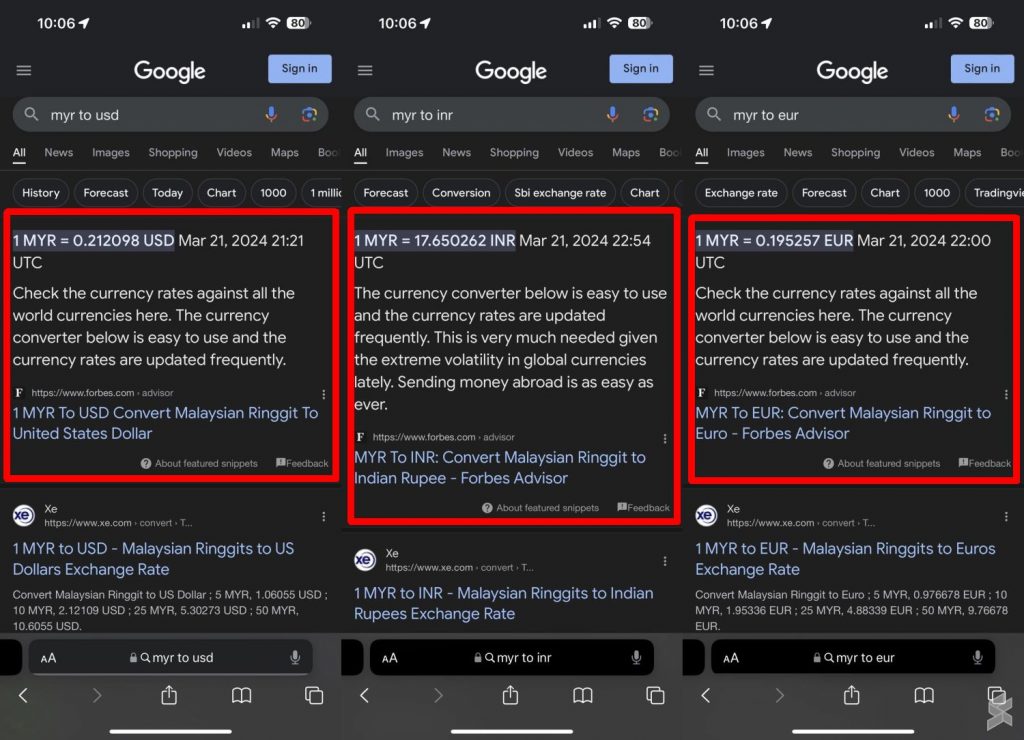 Google now returns third-party snippets for MYR-related currency exchange searches