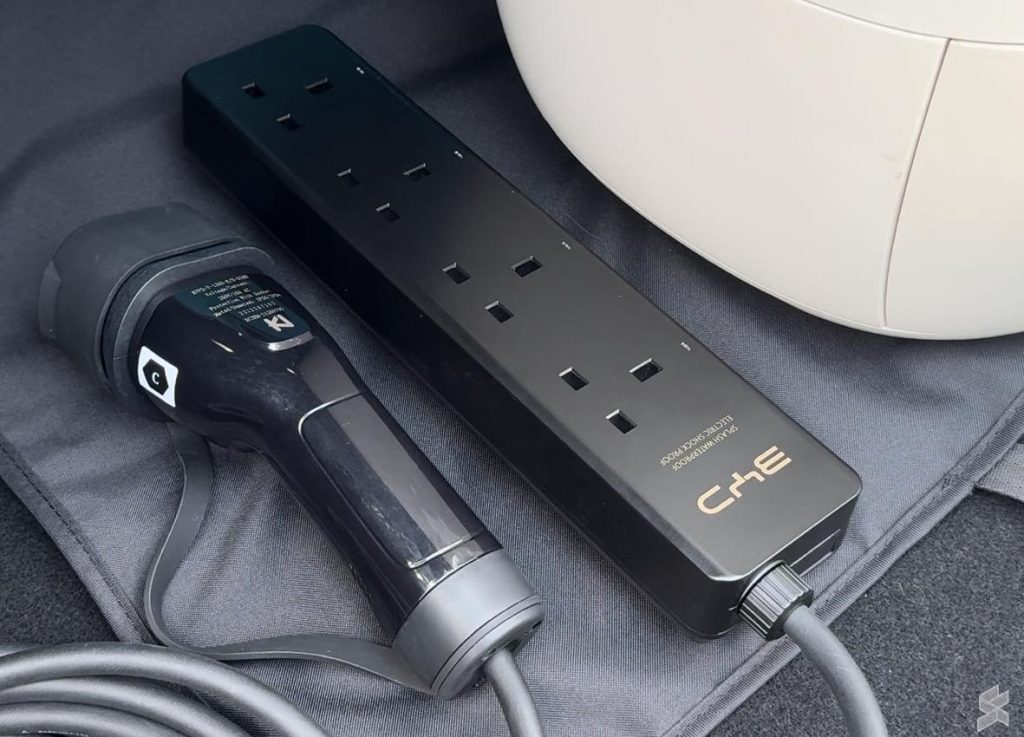 BYD's V2L adapter has a powerstrip with 4 outlets