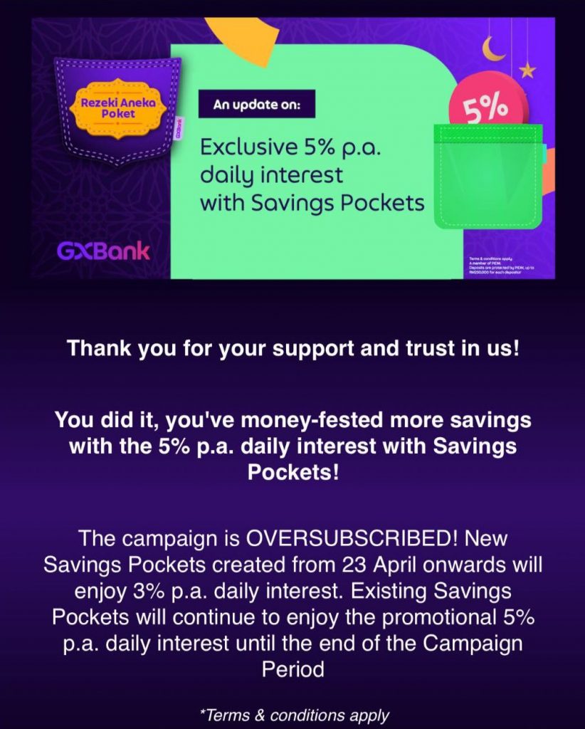 5% p.a. Savings Pockets Promo oversubscribed