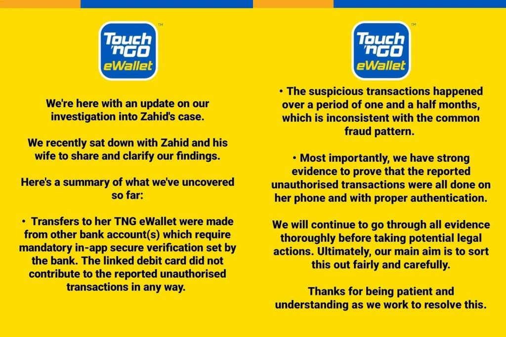 TNG eWallet shared an update on Zahid's case after investigation