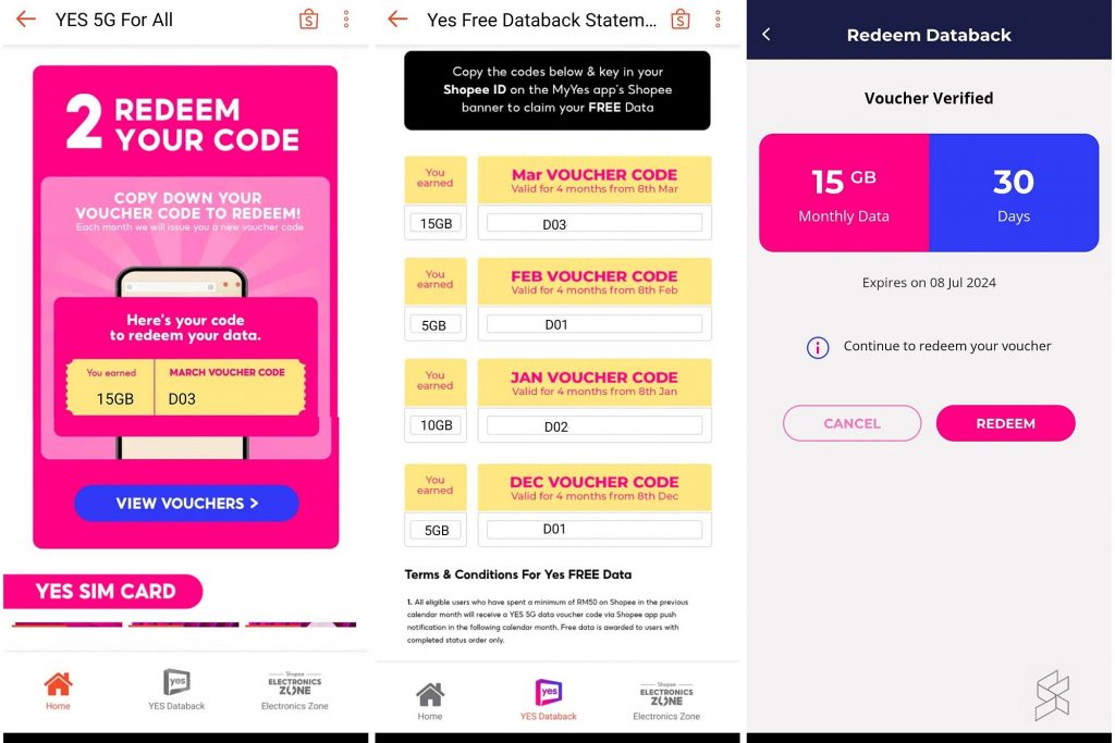 Redeem Free Databack for Yes 5G from the Shopee app