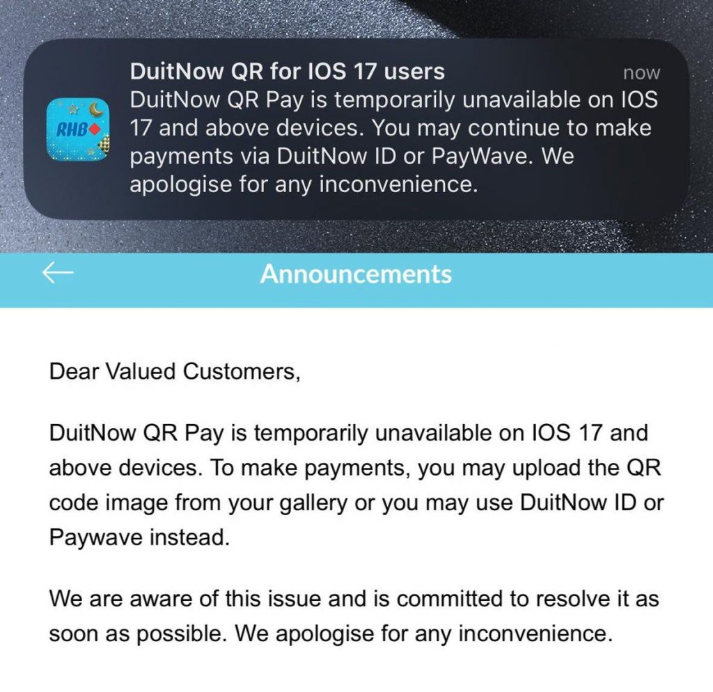 RHB users face DuitNow QR issues on the iPhone