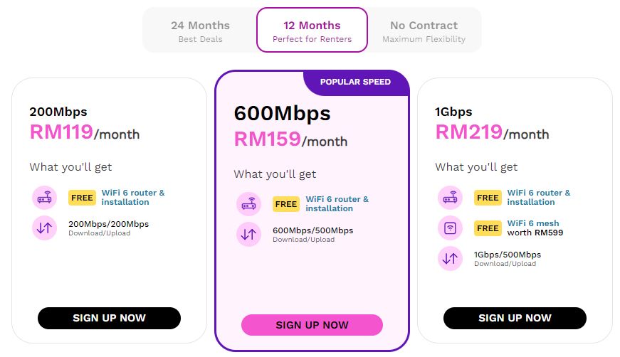 Time Fibre Broadband: 12-month contract from RM119/month