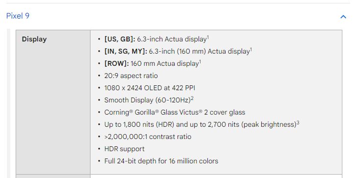 Pixel 9 specs listed on the Pixel Help section