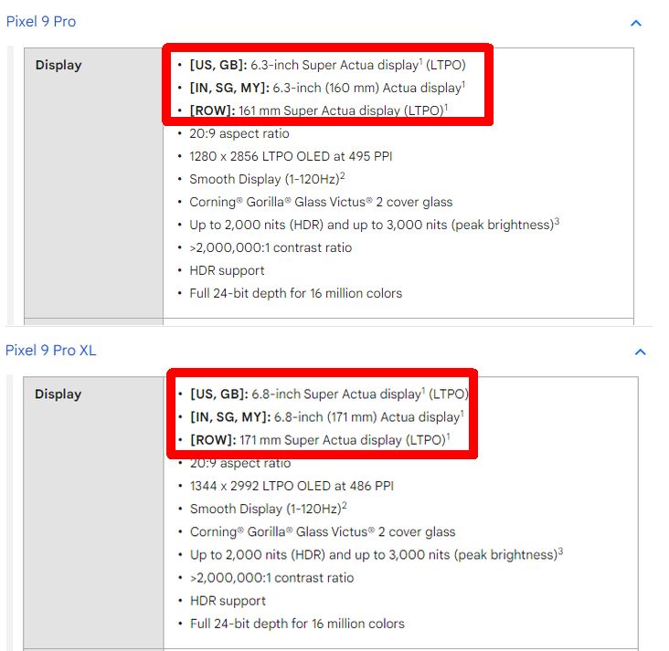 Pixel 9 Pro and Pro XL specs listed on the Pixel Help section