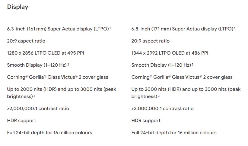 Display specs for Google Pixel 9 Pro and Pixel 9 Pro XL on Google Store Malaysia page