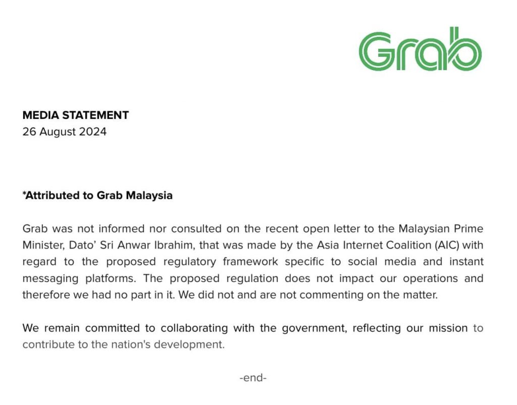 Grab's statement denies involvement in the open letter. 