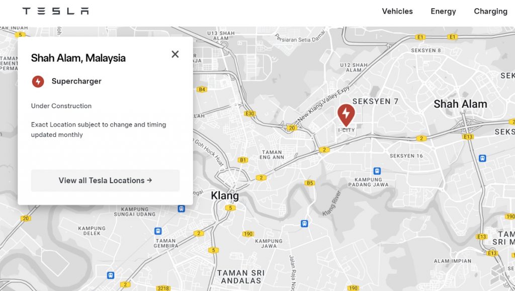 Tesla Find Us Map - Supercharger Malaysia - Sept 2024