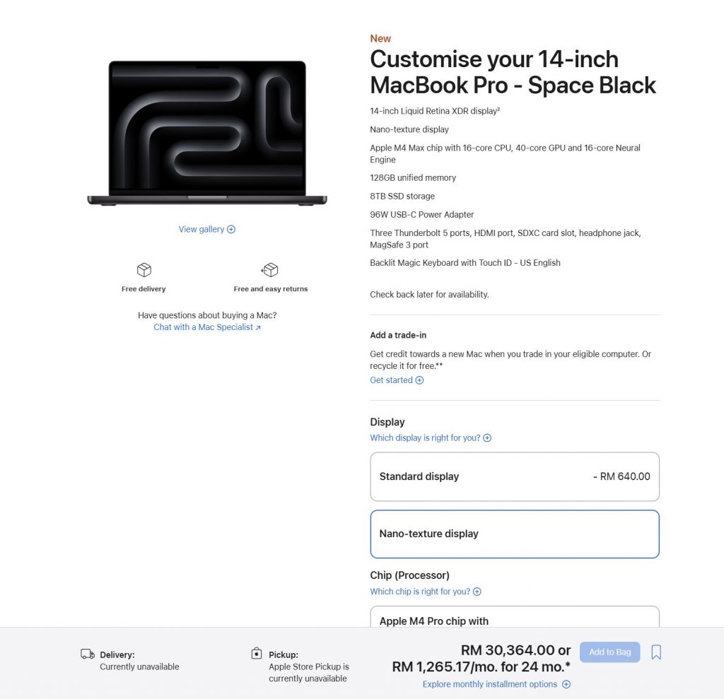 MacBook Pro 14 2024 with all upgraded options costs RM30,364 in Malaysia