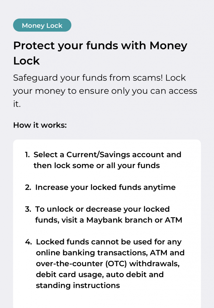 Maybank’s Money Lock feature locks your money away from scammers