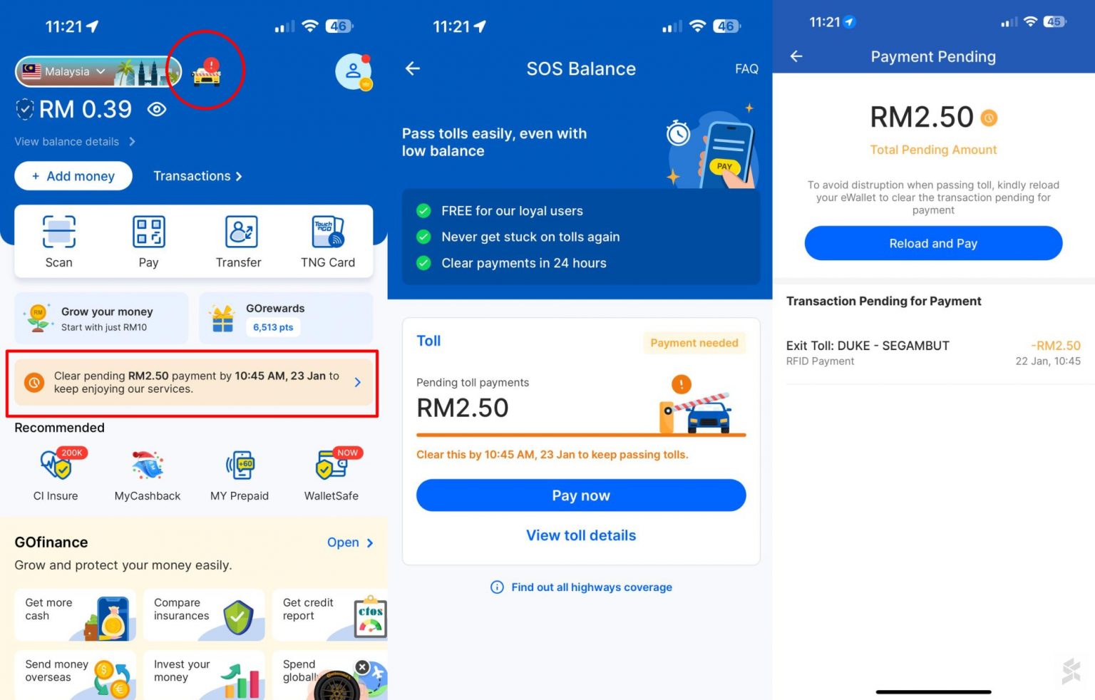 TNG eWallet SOS Balance for PayDirect and RFID Toll Payments