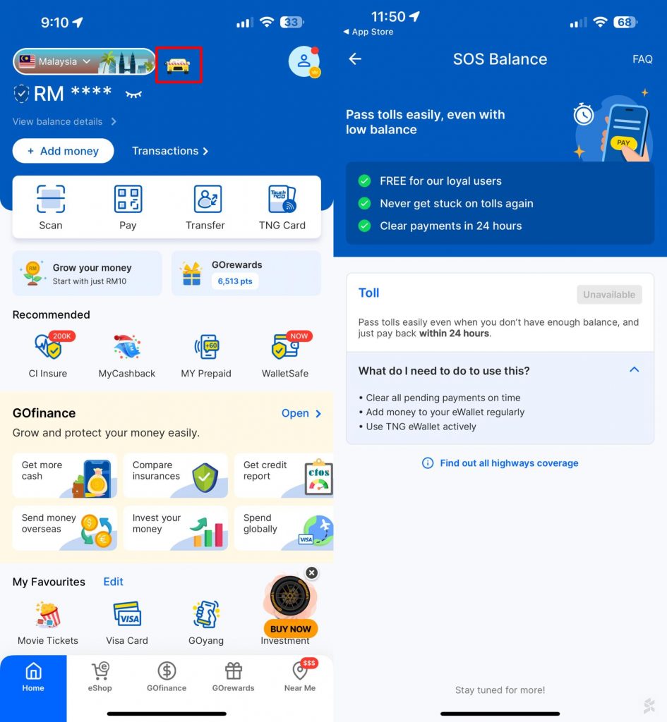 TNG eWallet SOS Balance for PayDirect and RFID Toll Payments