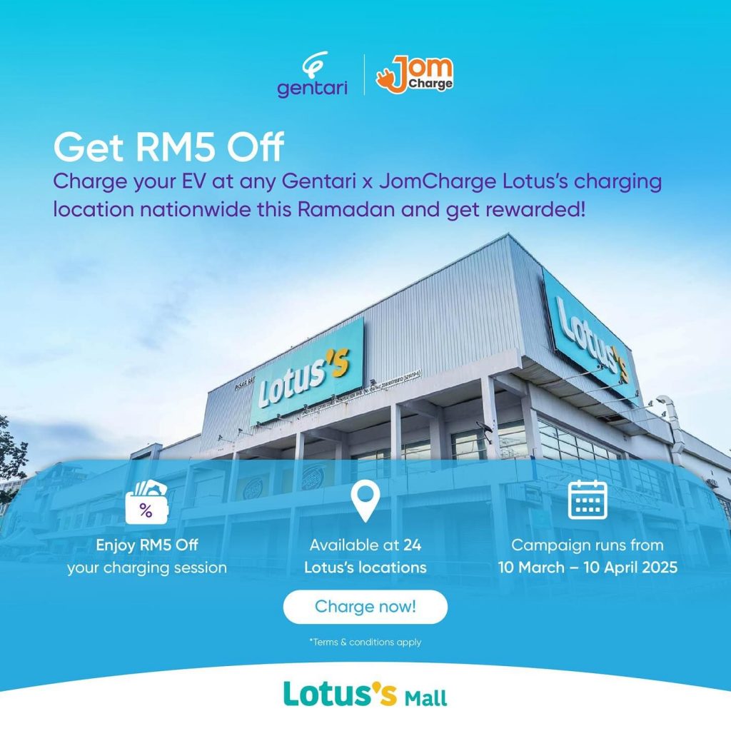 Gentari and JomCharge offer RM5 off at Lotus’s EV chargers