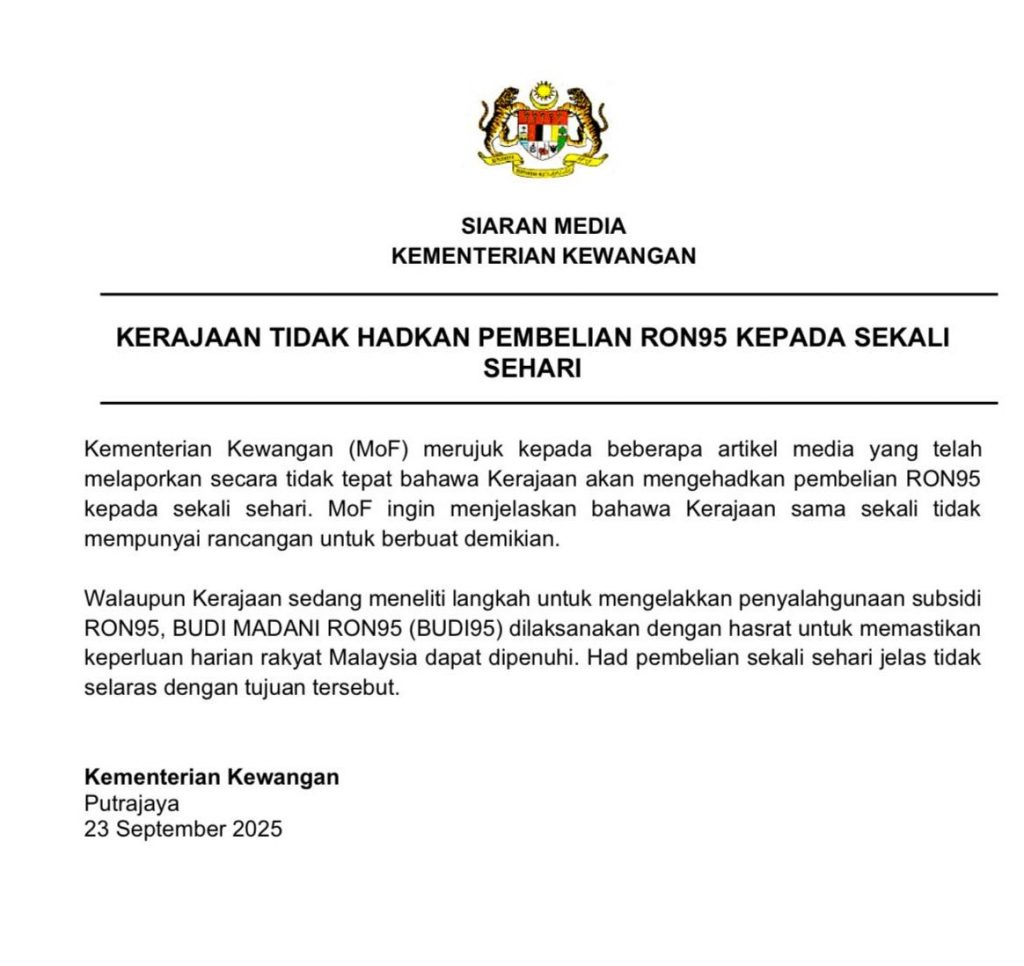 MOF denies implementing daily limit for RM1.99L RON95 petrol purchase