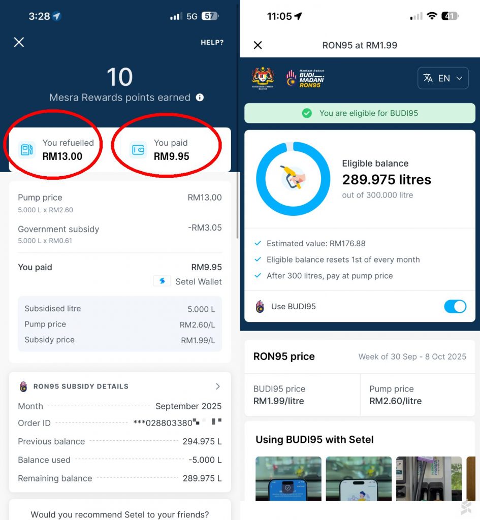 BUDI95: Why the petrol pump total amount for RON95 looks higher, and why it's not a scam 3 250930 BUDI95 petrol setel receipt