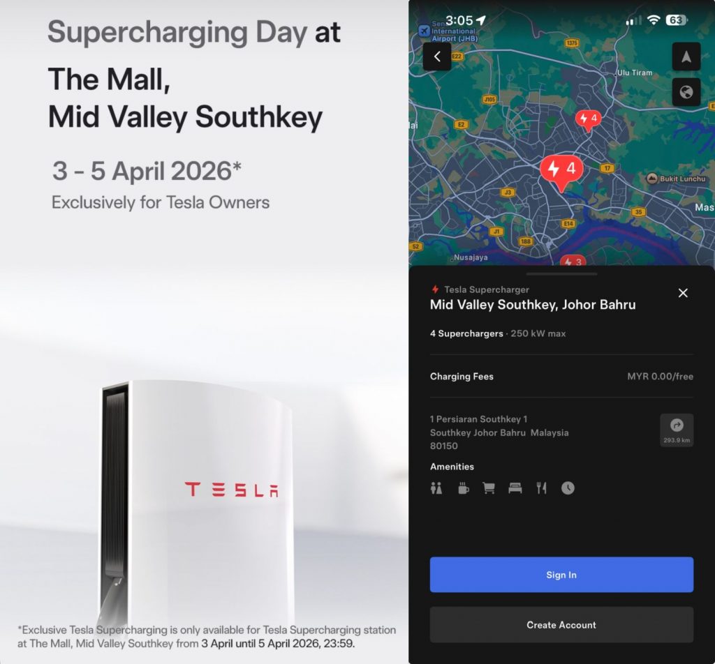 Tesla Supercharger at The Mall, Mid Valley Southkey is now open. Free charging until 5th April