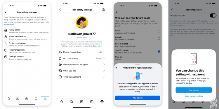 Screenshot of Instagram and Facebook Teen Account settings in Malaysia showing private account status and messaging restrictions for a child.