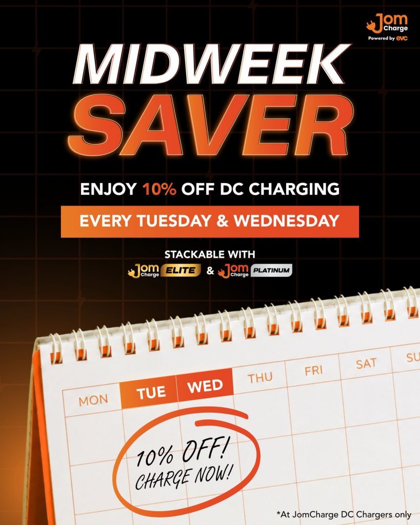 Midweek Saver: JomCharge offer 10% off for DC Charging every Tuesday and Wednesday Midweek Saver: JomCharge offer 10% off for DC Charging every Tuesday and Wednesday